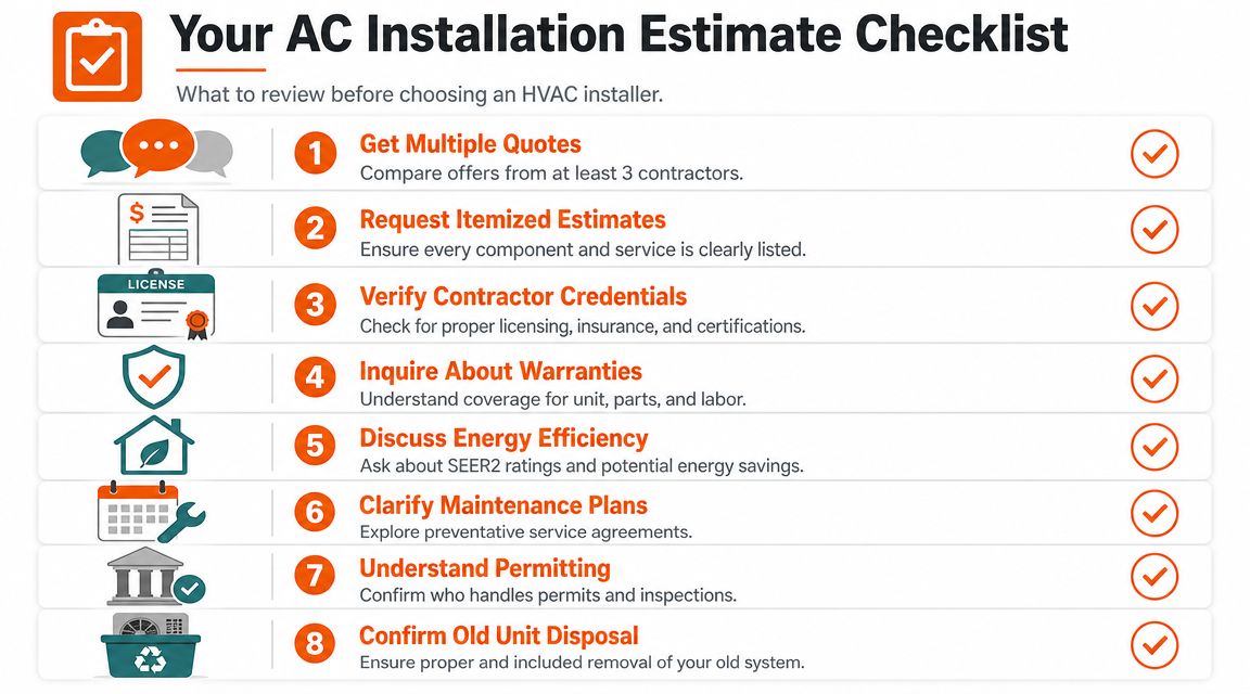 An infographic checklist for homeowners outlining eight essential steps for reviewing HVAC contractor estimates during AC installation.