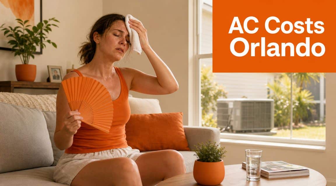 A woman feeling overheated in her home while sitting on a couch near an air conditioner unit.