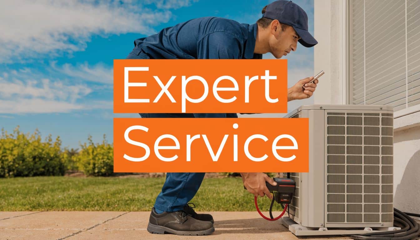 A professional technician in a blue uniform inspecting an outdoor air conditioning unit with tools.