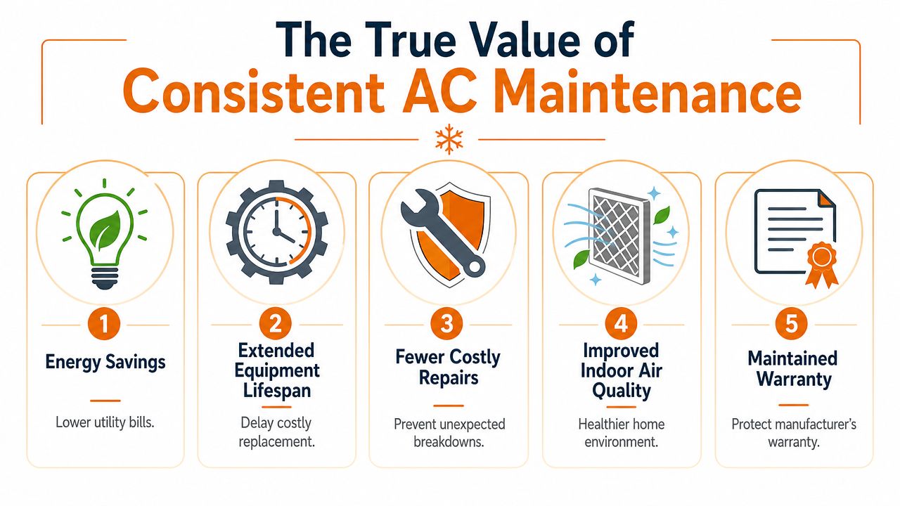An infographic detailing five key benefits of consistent air conditioning maintenance for home energy efficiency and longevity.