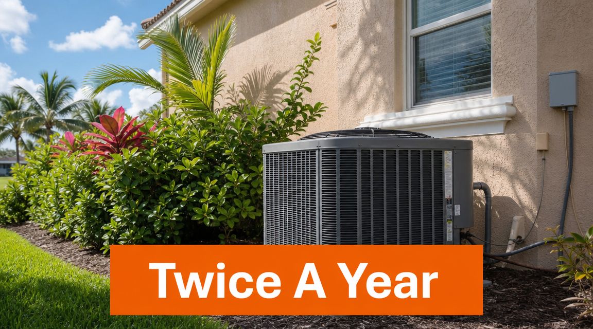 An outdoor air conditioning unit next to a house, emphasizing regular seasonal maintenance schedules.