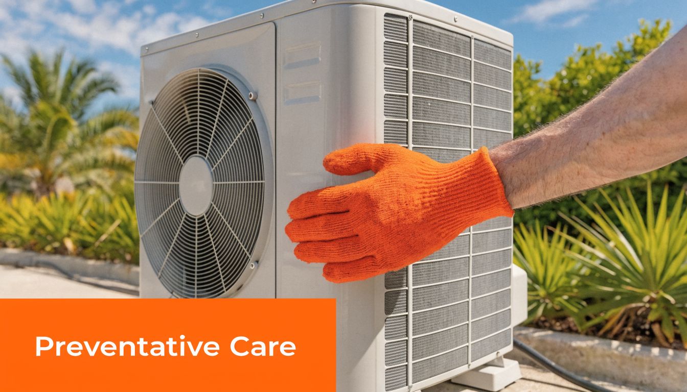 A technician wearing an orange glove inspects an outdoor air conditioning unit during regular maintenance.