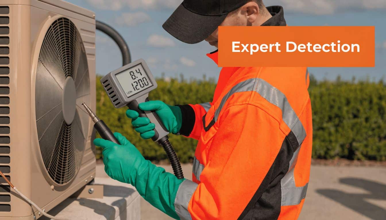A technician wearing protective gloves inspects an air conditioning unit for leaks using a specialized electronic detector.