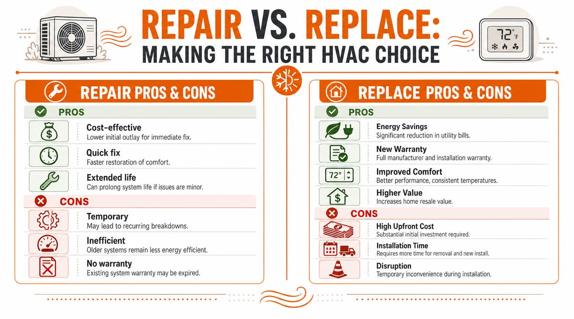 An infographic comparing the pros and cons of repairing versus replacing an HVAC heating and cooling system.