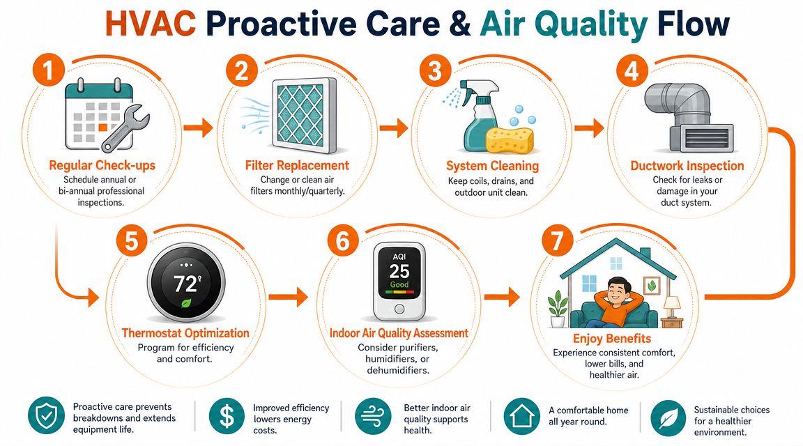 A flow chart illustrating seven steps for proactive HVAC maintenance and improving indoor air quality for comfort.