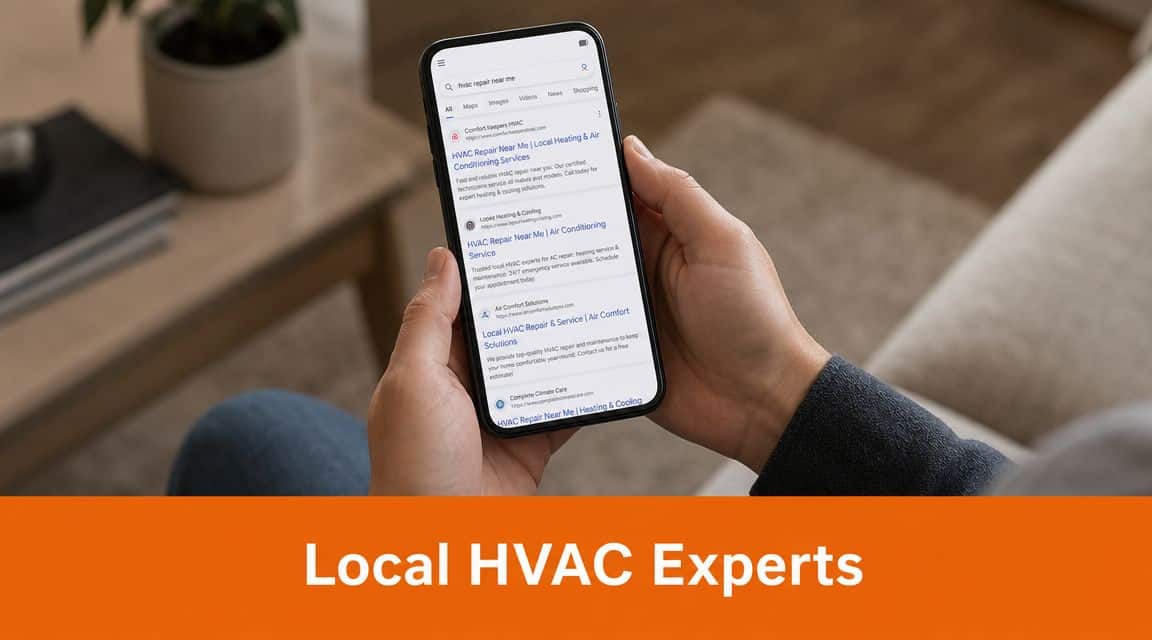 A person holding a smartphone showing Google search results for local HVAC repair and heating services.