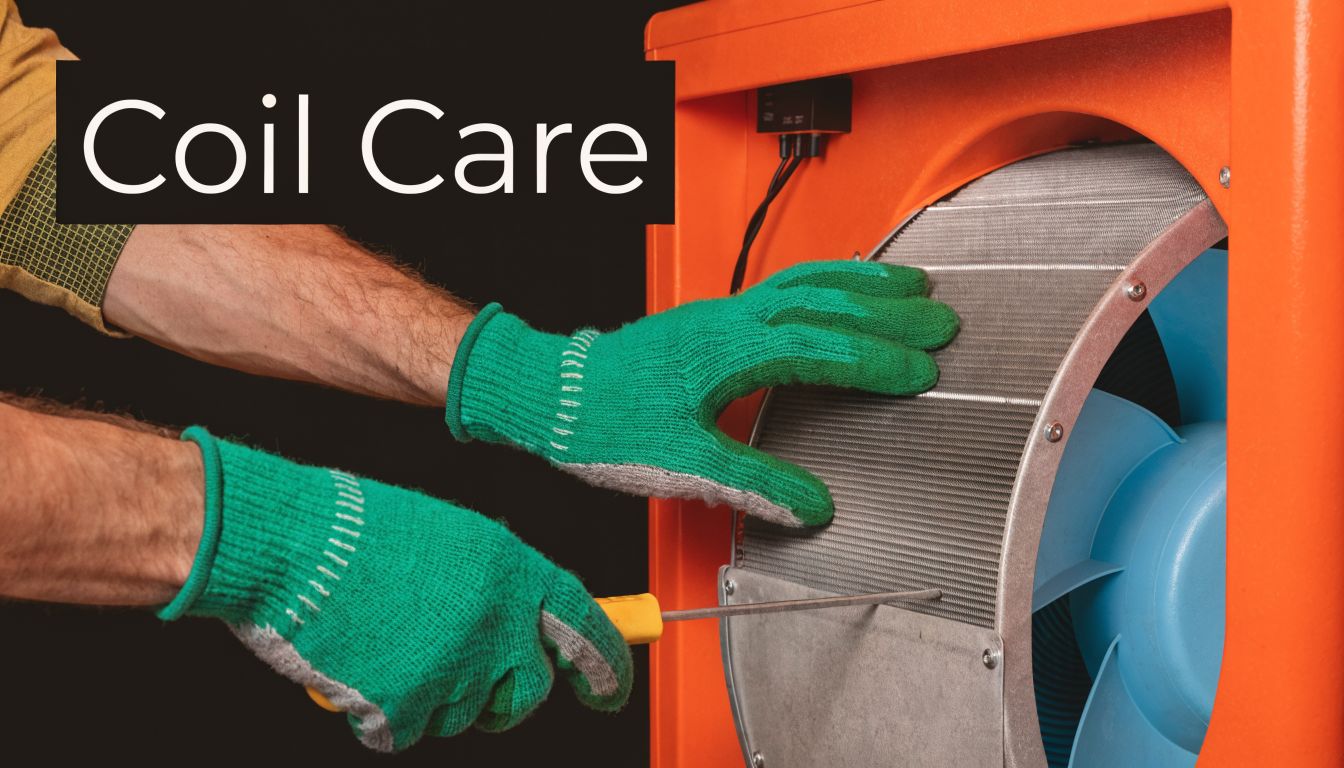 A technician wearing green work gloves performing maintenance on an industrial orange fan evaporator coil unit.