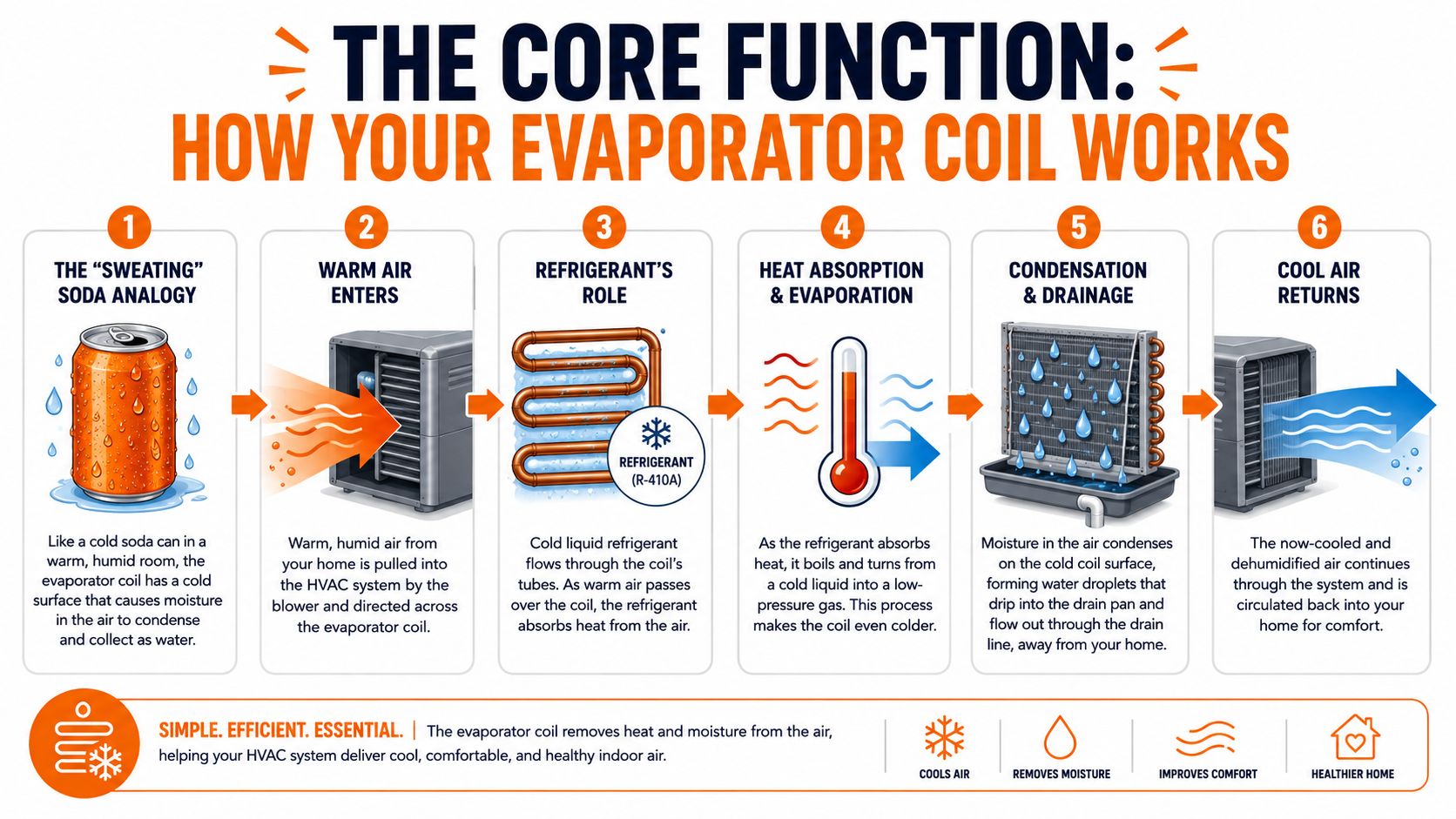 A six-step infographic explaining how an HVAC evaporator coil removes heat and moisture from home air.