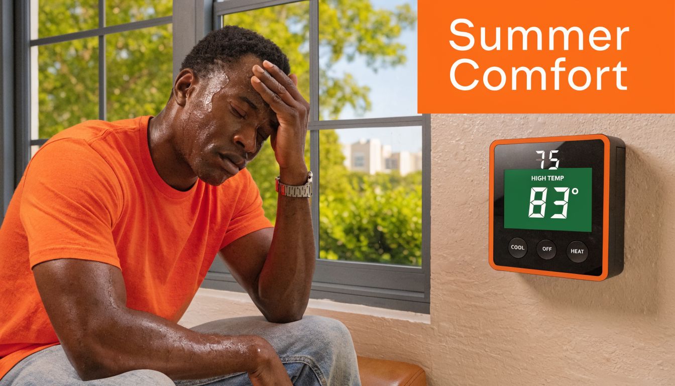 A man sweating and looking uncomfortable near a thermostat showing a high indoor temperature of 83 degrees.