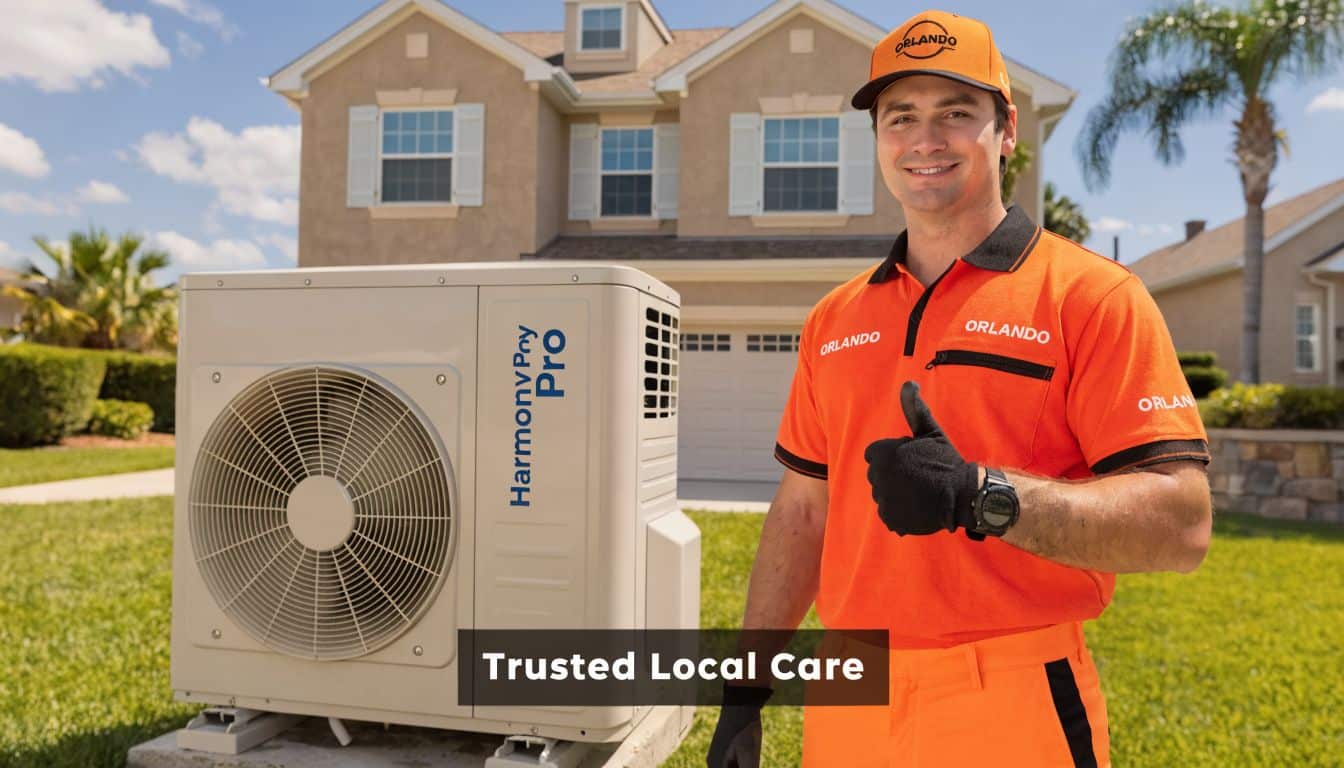 A professional HVAC technician in an orange uniform giving a thumbs up beside an outdoor AC unit.
