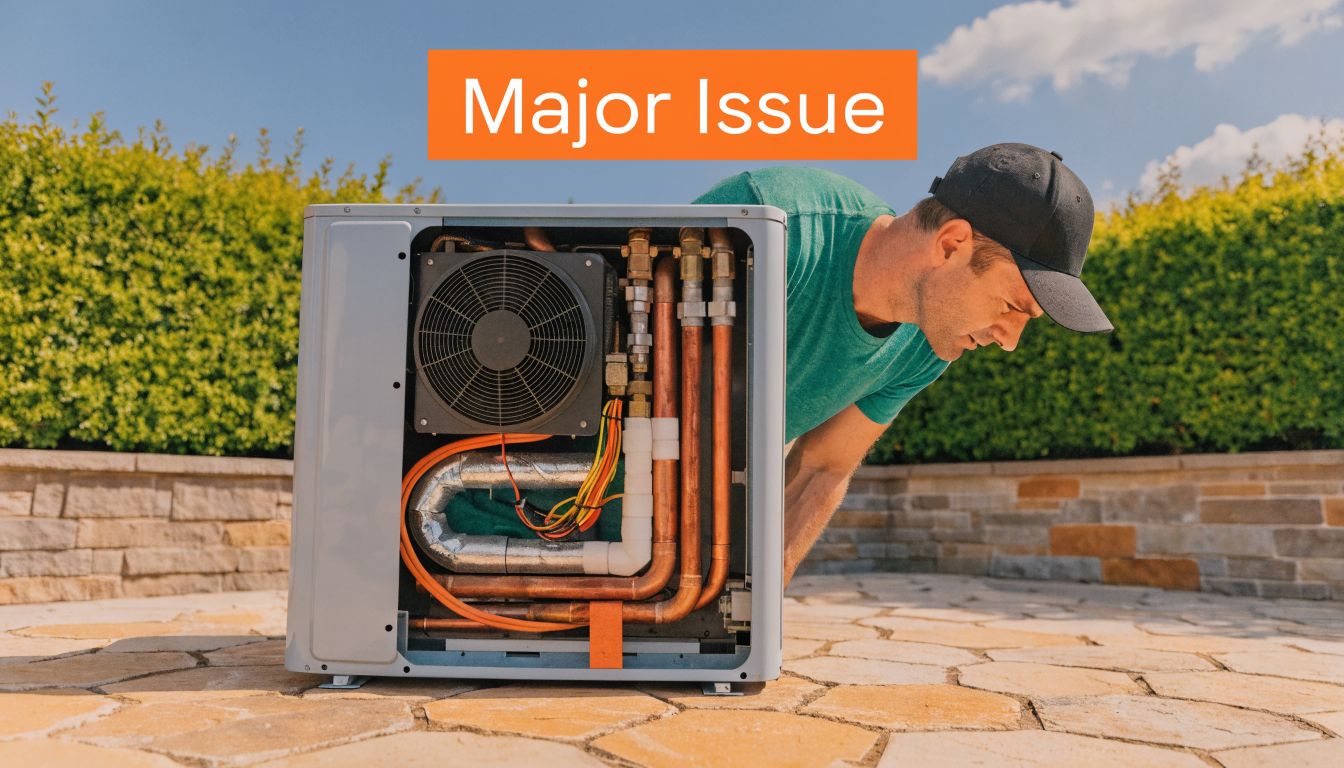 A technician inspecting the internal copper pipes and wiring of an outdoor air conditioning condenser unit.
